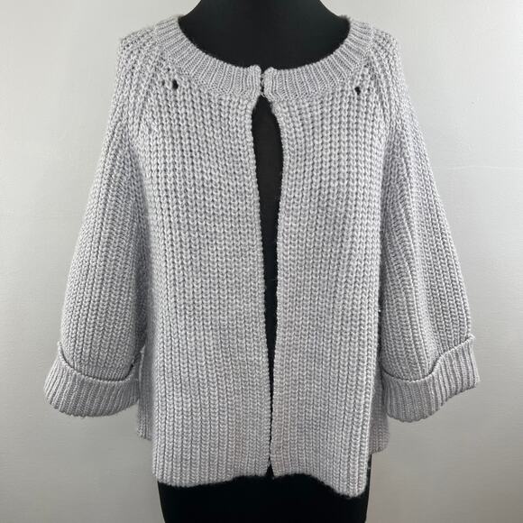 TRINA TURK Light Grey Thick Chunky Knit Ribbed Wool Blend Cardigan Sweater L - Picture 2 of 9
